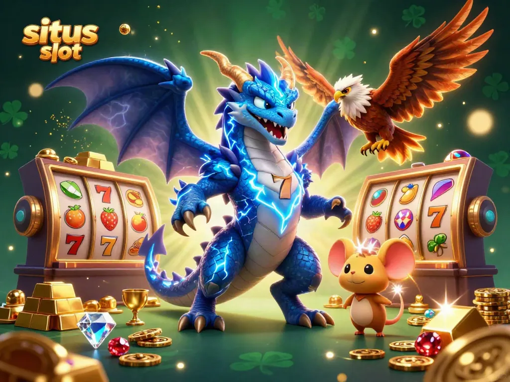 Win with situs slot as a thunder dragon, wind hawk, and thunder mouse gather around slot reels and treasures.