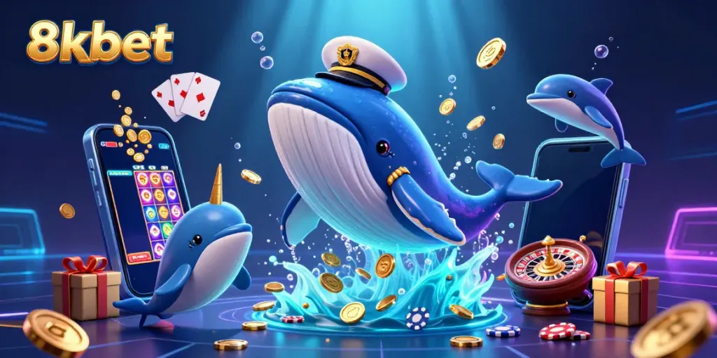 Experience 8xbet excitement through dynamic dolphins, whales, and poker chips in a vibrant casino scene.
