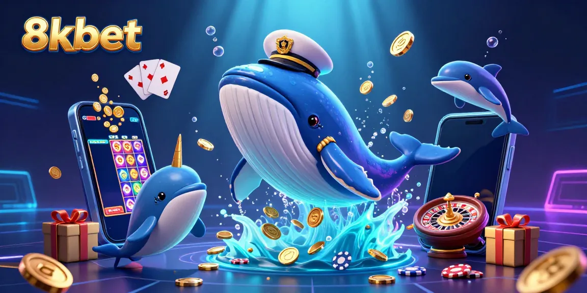 Experience 8xbet excitement through dynamic dolphins, whales, and poker chips in a vibrant casino scene.