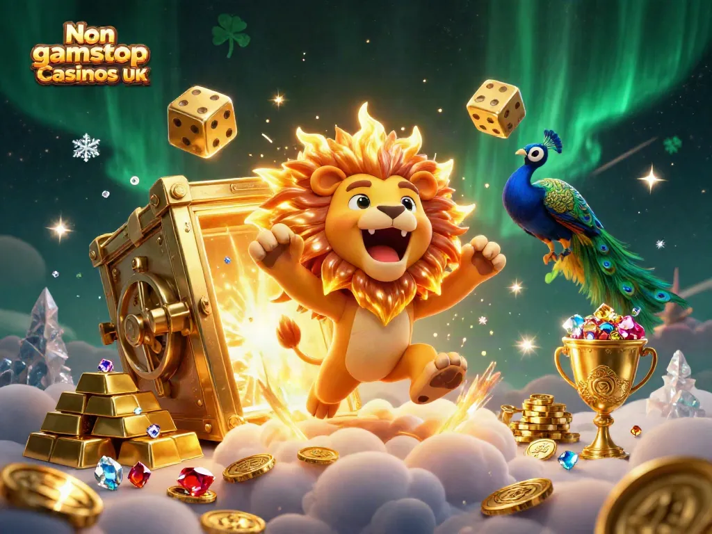 Join the fun at Non gamstop casinos UK with a vibrant 3D illustration showcasing enchanting casino elements and characters.
