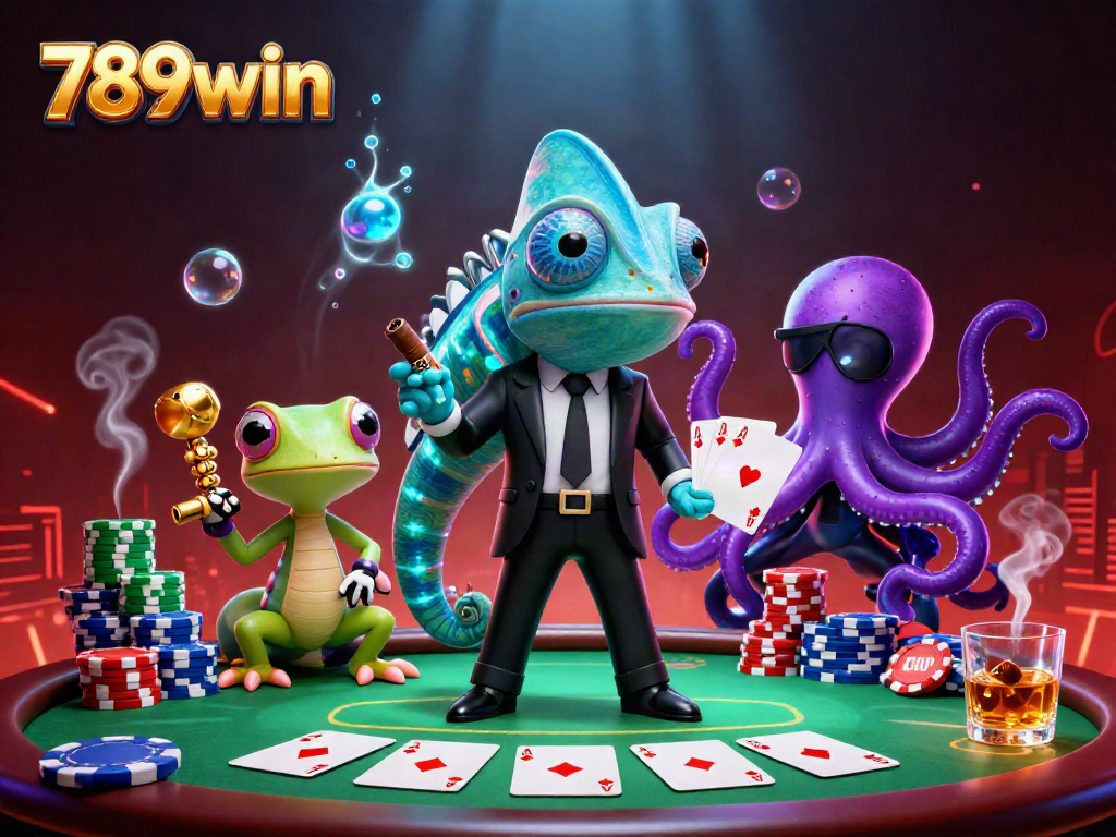 789win showcases a vibrant casino scene with a secret agent chameleon and gadgets, emphasizing gambling excitement.