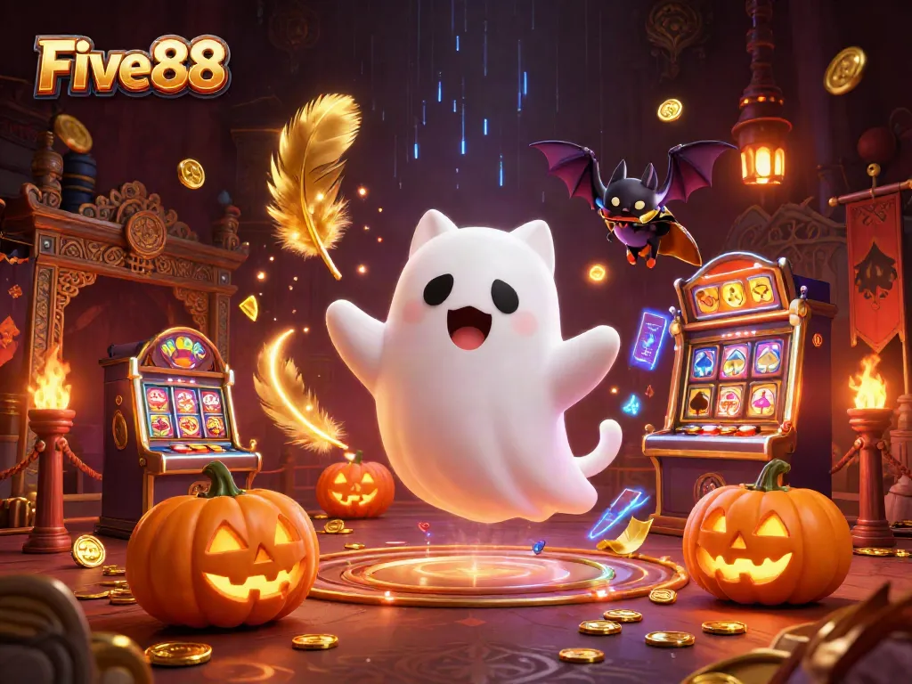 Engage in exciting gameplay at Five88 with a glowing ghost cat and poker-themed elements in an enchanting casino.