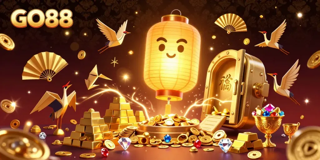 Players enjoying the thrill of GO88's vibrant casino atmosphere filled with golden treasures and magical elements.