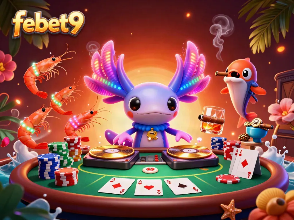 Engage with febet9 through vibrant casino action featuring an axolotl DJ and spirited underwater gamblers.