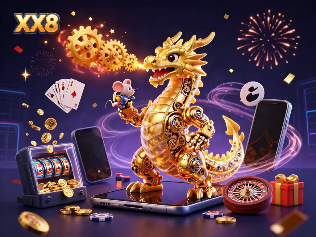 Engage in the thrilling world of XX8 with dynamic games and golden prizes flowing from a dragon and smartphone.