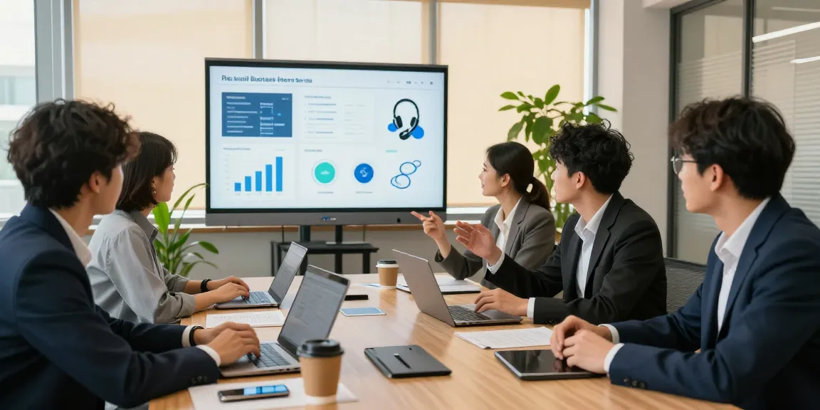 Team discussing small business phone service solutions in a modern office conference room.