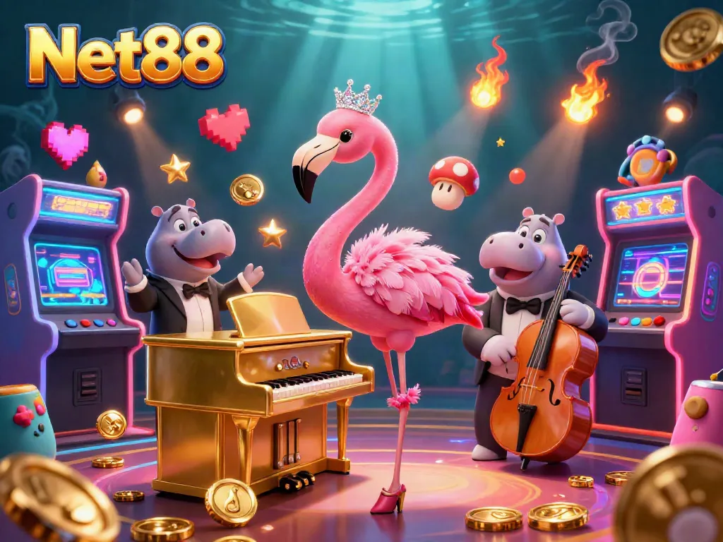 Experience exciting gameplay with Net88, where a flamingo singer and hippo bassist elevate the casino vibe.