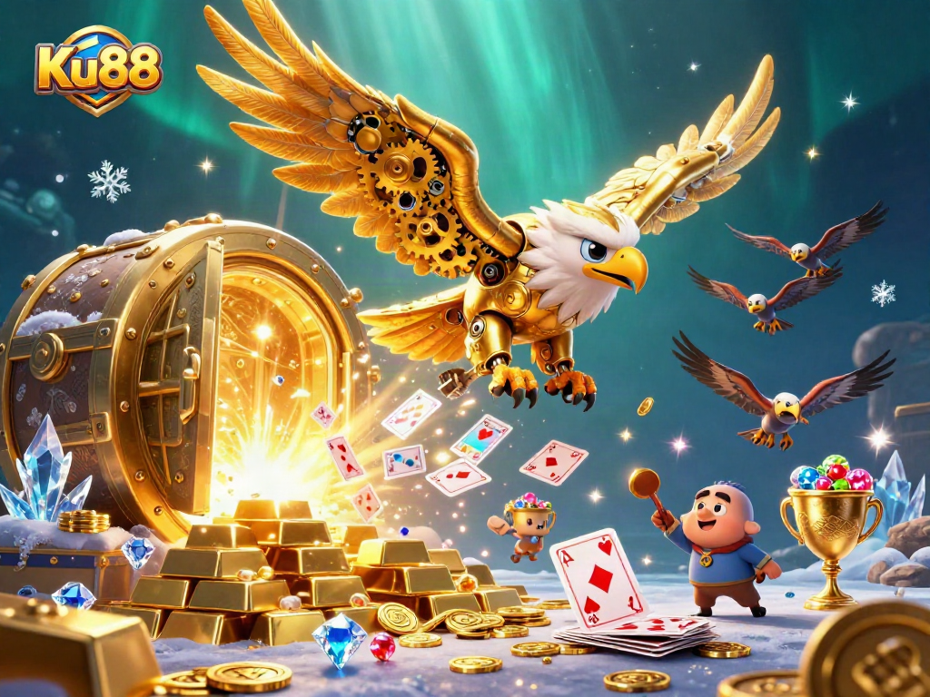 Engage with Ku88's vibrant 3D casino scene featuring golden treasures and gaming excitement.