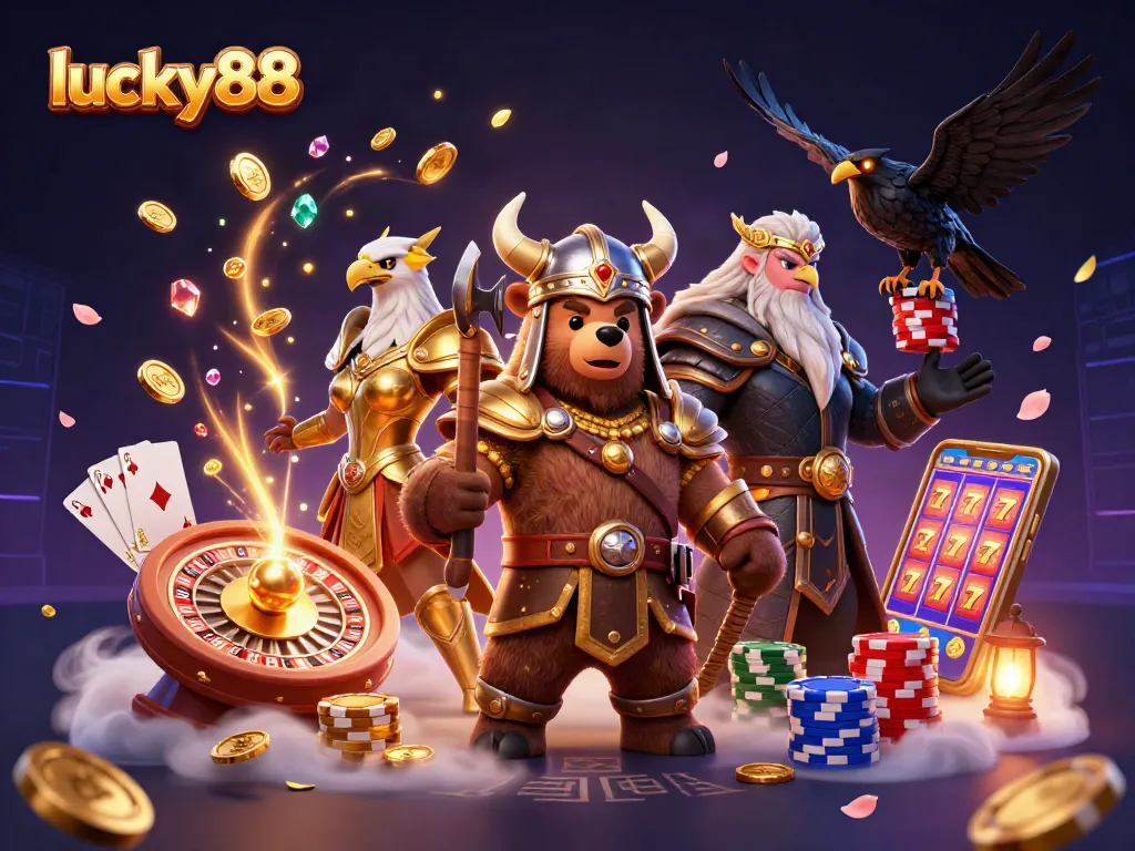 Engage in thrilling gameplay at lucky88 with an exciting casino scene featuring a Viking bear and Valkyrie eagle.