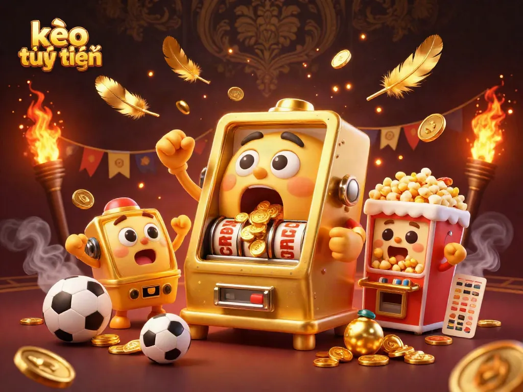 Engage with kèo trực tuyến as a golden slot machine hits the jackpot, surrounded by cheering machines.