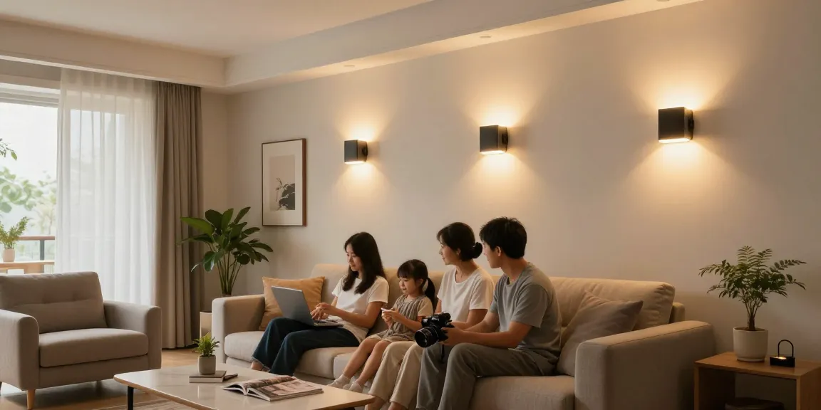 Aplica LED elegante și modernă în interiorul unui living primitor, cu familie adunată.
