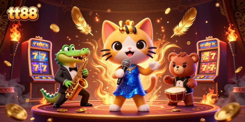 Engage with tt88's thrilling casino atmosphere featuring vibrant characters, slot machines, and dynamic gaming elements.