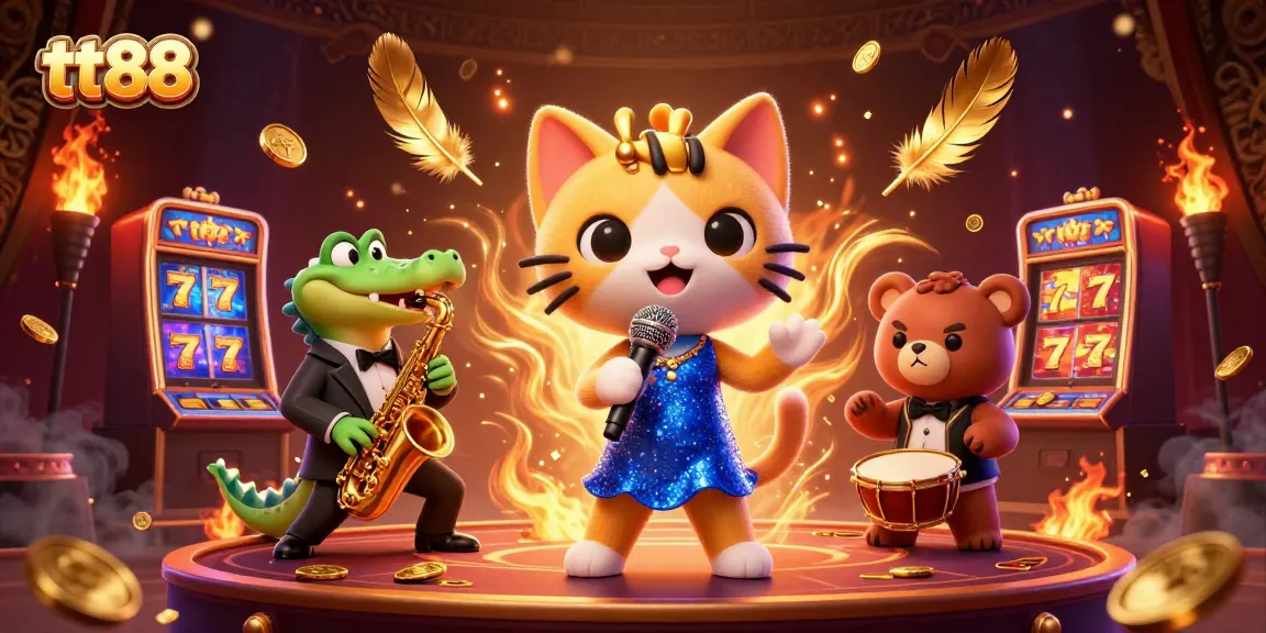 Engage with tt88's thrilling casino atmosphere featuring vibrant characters, slot machines, and dynamic gaming elements.