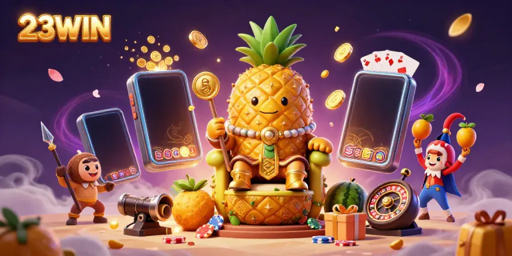 Experience excitement at 23WIN with a vibrant casino scene featuring a golden pineapple king and lively characters.