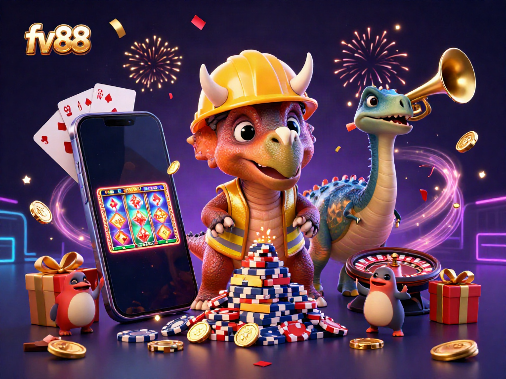 Experience the vibrant world of fv 88 with a dynamic gathering of cartoon dinosaurs celebrating wins amidst casino elements like slot games and poker chips.