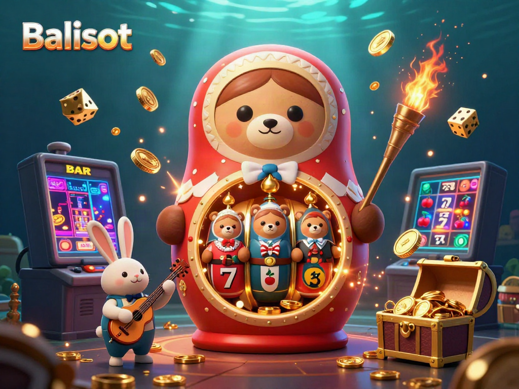 Balislot's engaging scene with Matryoshka bear and casino elements depicting excitement and winning potential.