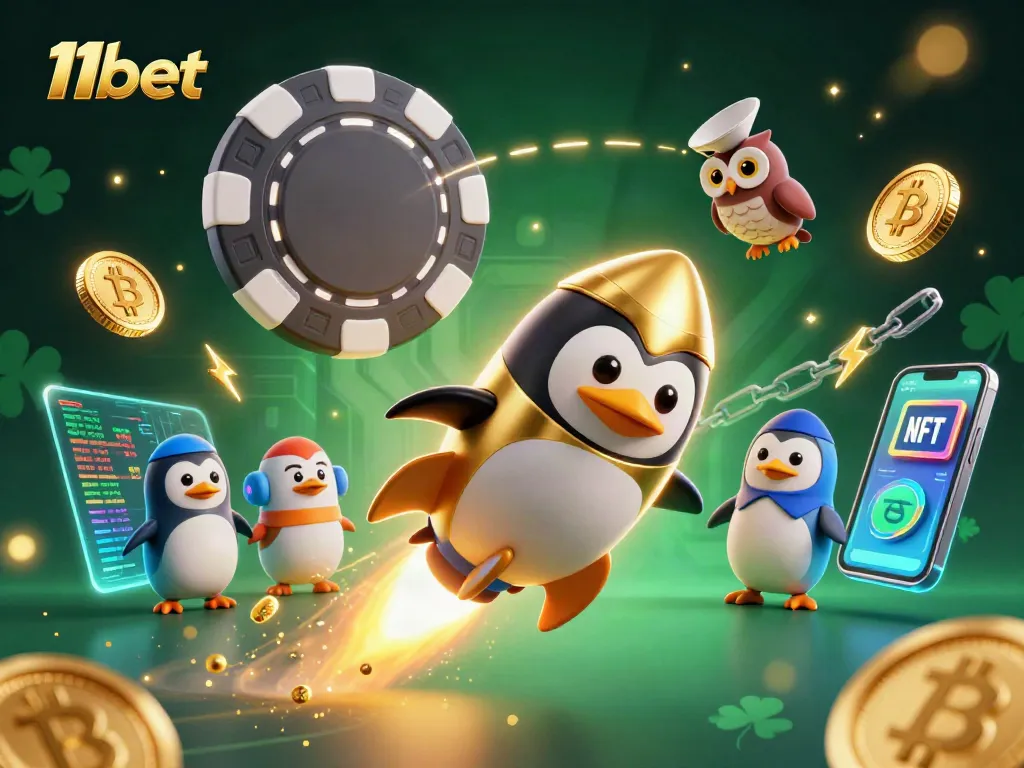 Experience thrilling gaming with 11bet's golden penguin flying to a captivating casino!