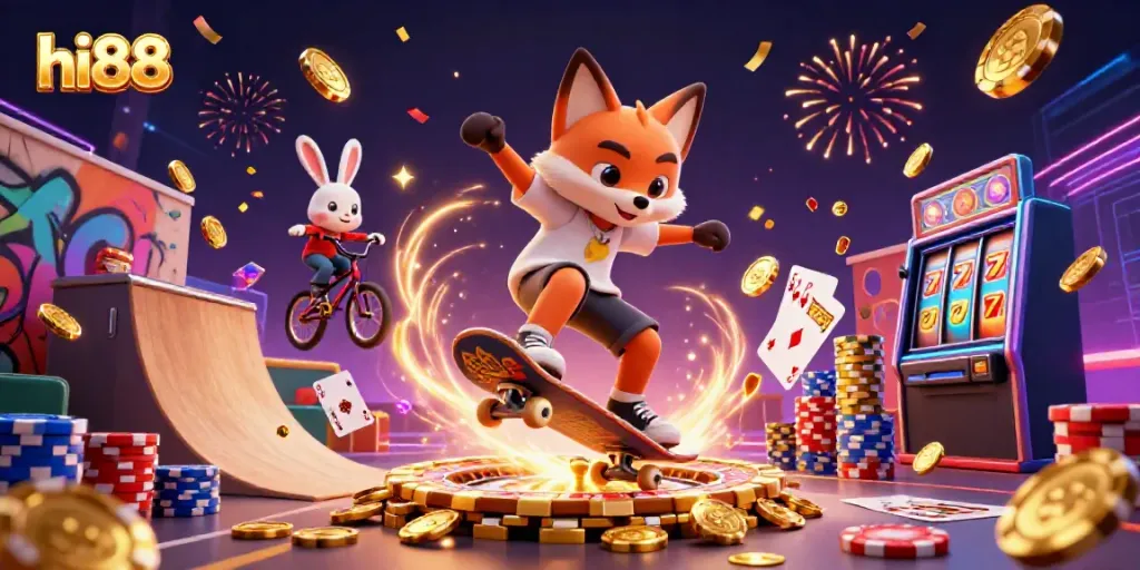 Experience hi88's exhilarating casino action with a dancing fox and rabbit in a vibrant casino scene.