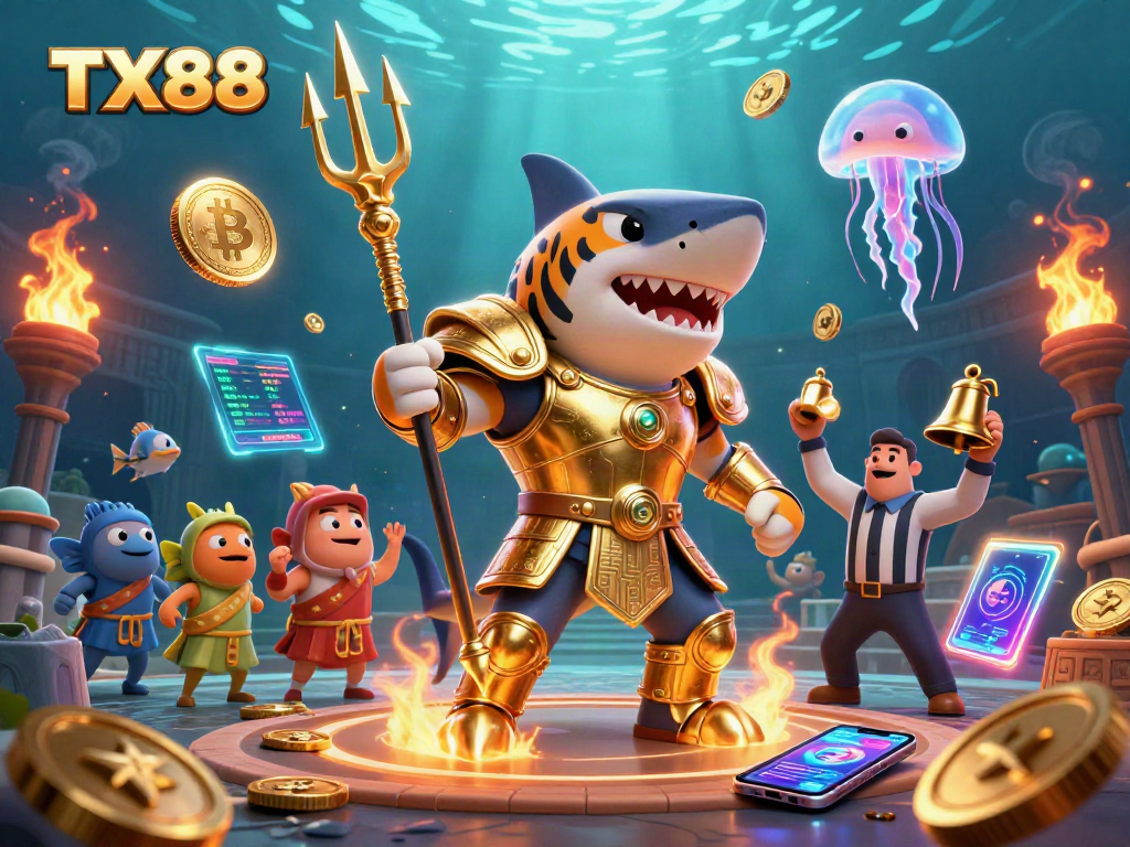 Engage TX88 players with immersive underwater casino scene featuring a gladiator shark and crypto elements.