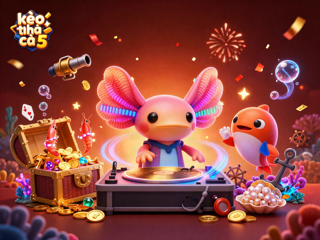 Engaging scene of kèo nhà cái 5 featuring a neon axolotl DJ and energetic marine characters celebrating the thrill of betting.