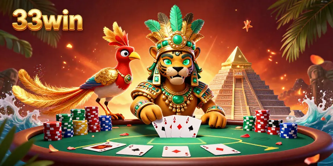 Engage with thrilling gameplay at 33win, featuring a vibrant 3D casino scene with poker elements.