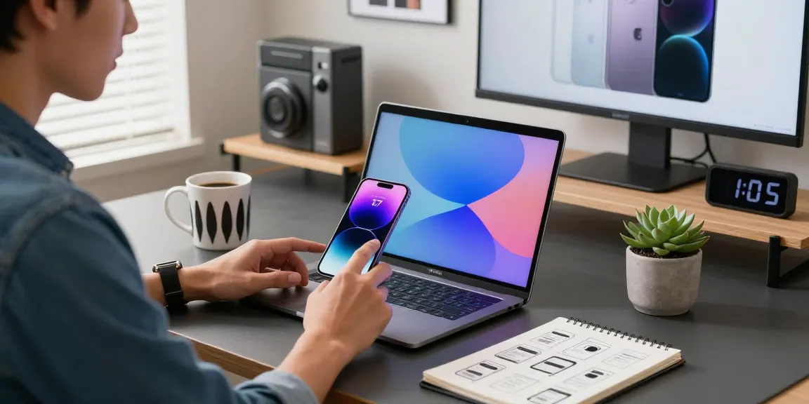 Person using the iPhone 17 in a modern home office with tech gadgets.