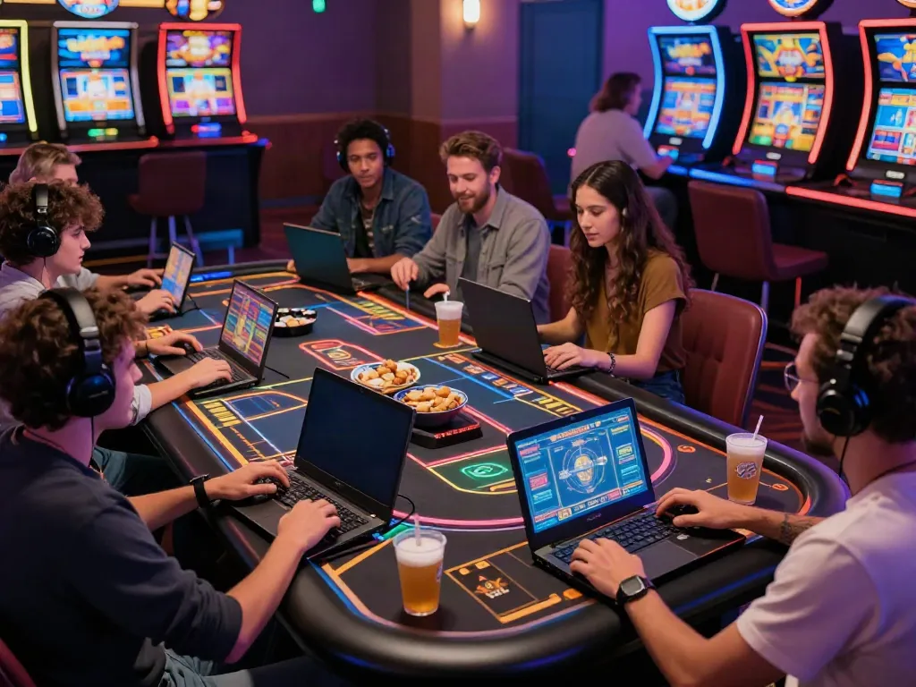 Friends enjoying nbet online gaming experience in vibrant virtual casino.