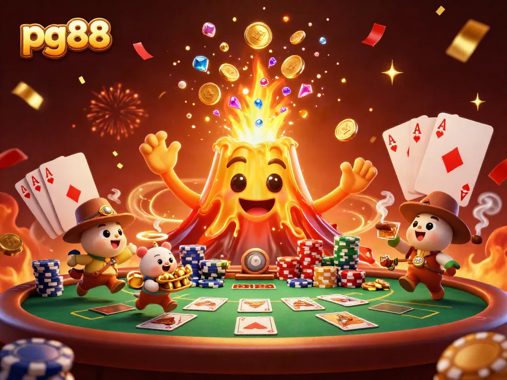 Experience excitement with pg88 as golden treasures rain down from a volcano in this vibrant casino scene.