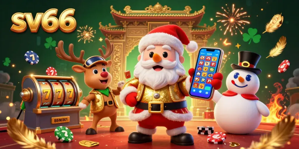 Experience thrilling slots action with sv66 in a vibrant 3D casino scene featuring Santa and friends.