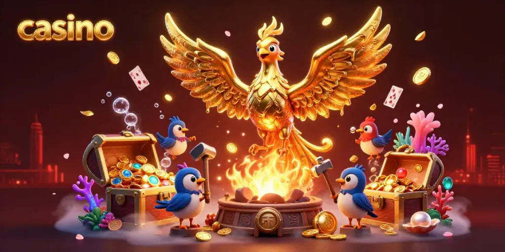 Experience exciting casino adventures with a dynamic scene of a golden phoenix and playful sparrows.