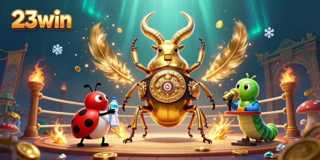 Experience the thrilling 23win gaming arena with a giant beetle champion and dynamic casino elements.
