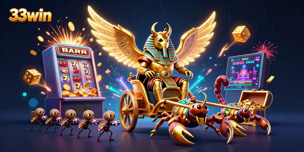 Engaging scene of 33win casino with vibrant slot machines, glowing characters, and dynamic gaming action.