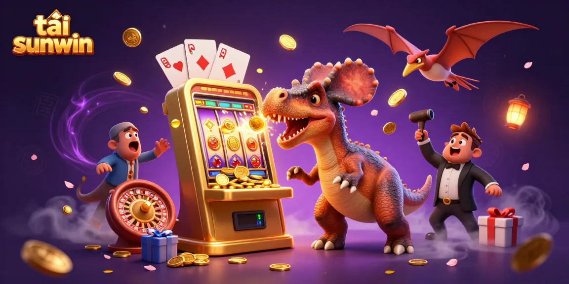Experience the excitement of tải sunwin as illustrated by a cartoon dinosaur celebrating jackpot wins in a vibrant casino.
