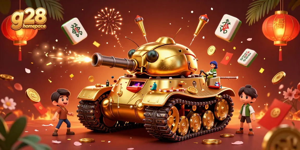Spin the reels at g28 homepage with a vibrant casino scene featuring a golden beetle tank and festive decorations.