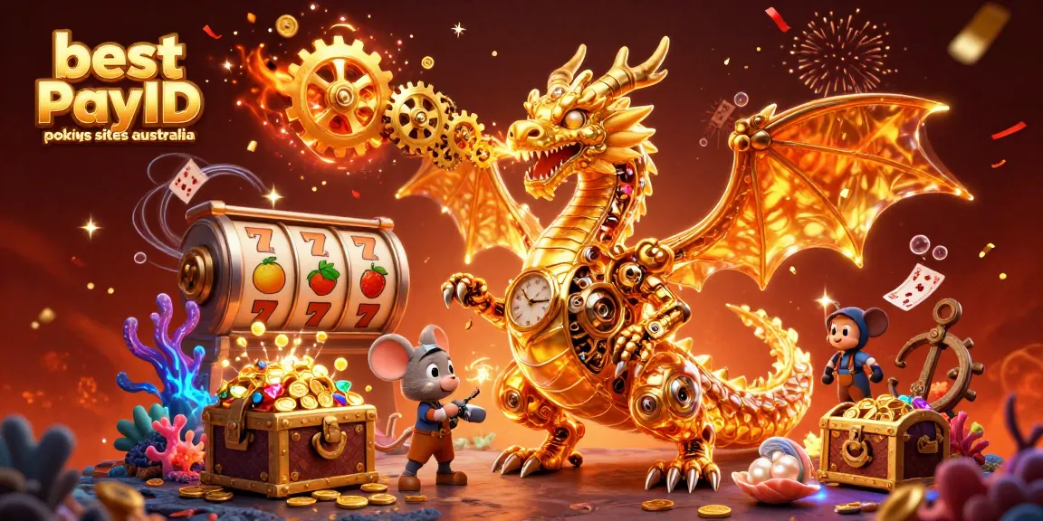 Win big at the best PayID pokies sites Australia with a golden dragon illustration.