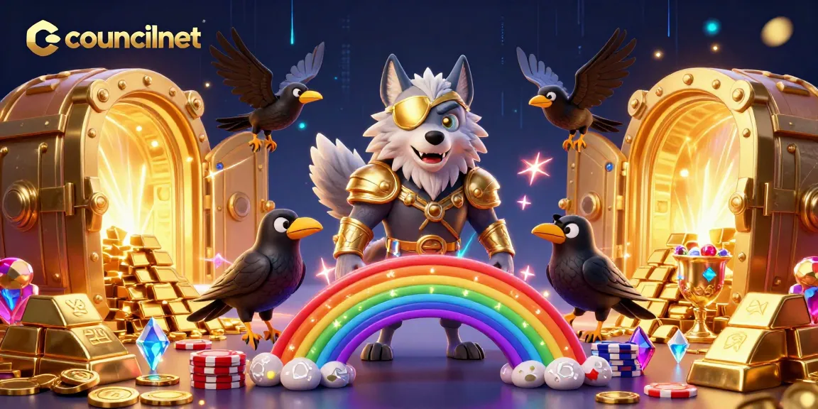 Experience the thrill of councilnet with vibrant wolf and ravens amidst treasure and casino chips.