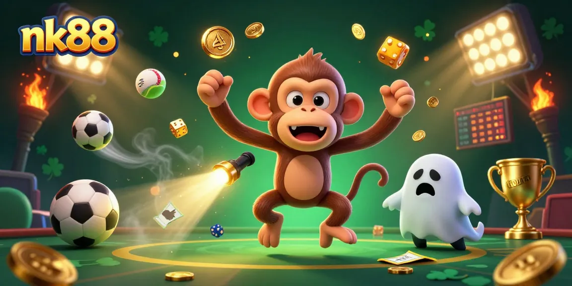 Experience thrilling gameplay at nk88 with a ghostly monkey juggling golden coins in a haunted casino.