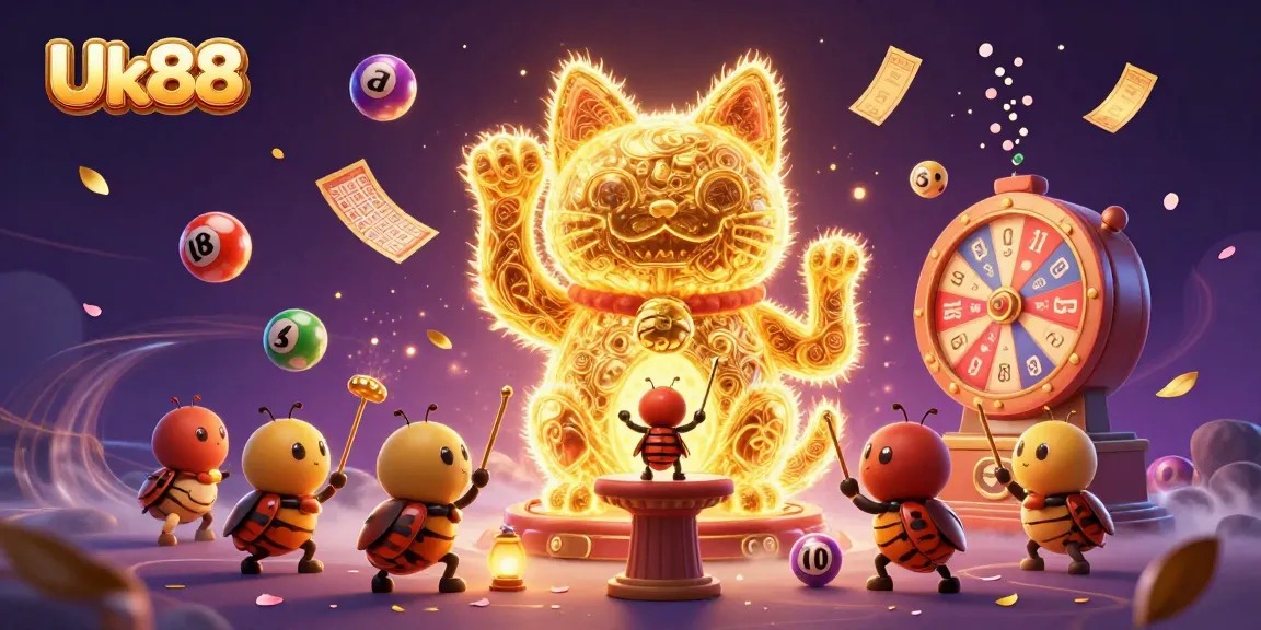 Engage with Uk88's dynamic lottery scene featuring a lucky cat formed from fireflies.