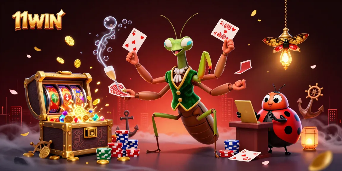 Experience 11WIN with this immersive casino scene showing a mantis card sharp and ladybug pit boss.