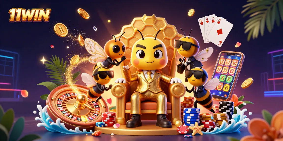 Experience excitement with 11WIN as golden coins and roulette wheels spin around in a vibrant scene.