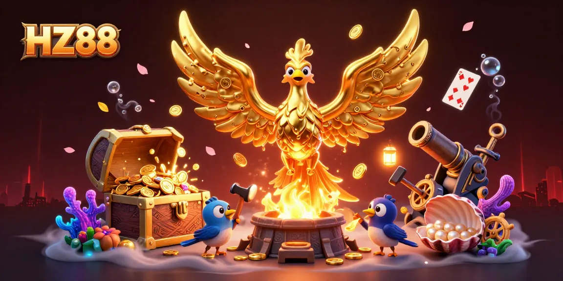 Experience the thrill at HZ88 Casino with vibrant golden phoenix and exciting treasures.