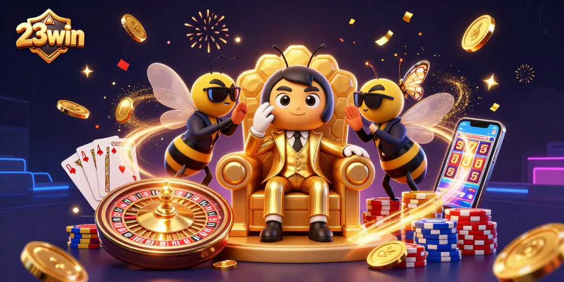 Bet on action with 23win's elite 3D illustration featuring a bumblebee mob boss and dazzling casino elements.