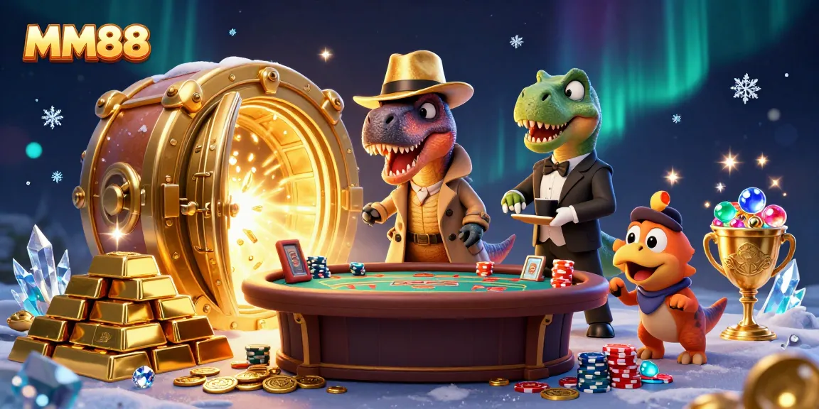 Experience high-stakes excitement with MM88 as a velociraptor card counter navigates a vibrant casino scene.