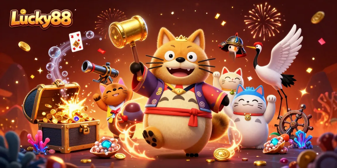 Experience the thrill of Lucky88 with joyful characters celebrating in a vibrant 3D casino scene.