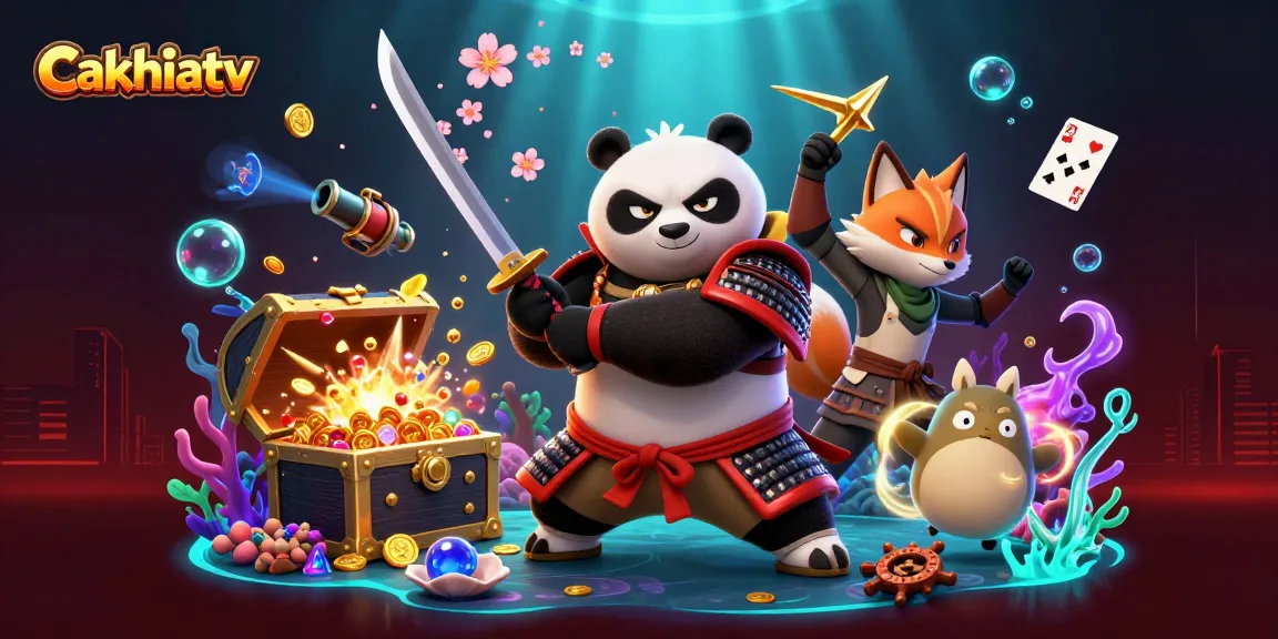 Cakhiatv showcases a vibrant online gaming scene with samurai panda and a ninja fox amid gold coins and underwater treasures.