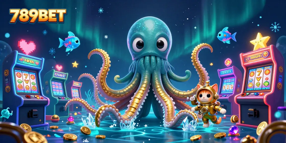 Engage in thrilling gaming at 789BET with a vibrant 3D casino scene showcasing a kraken and diving cat.