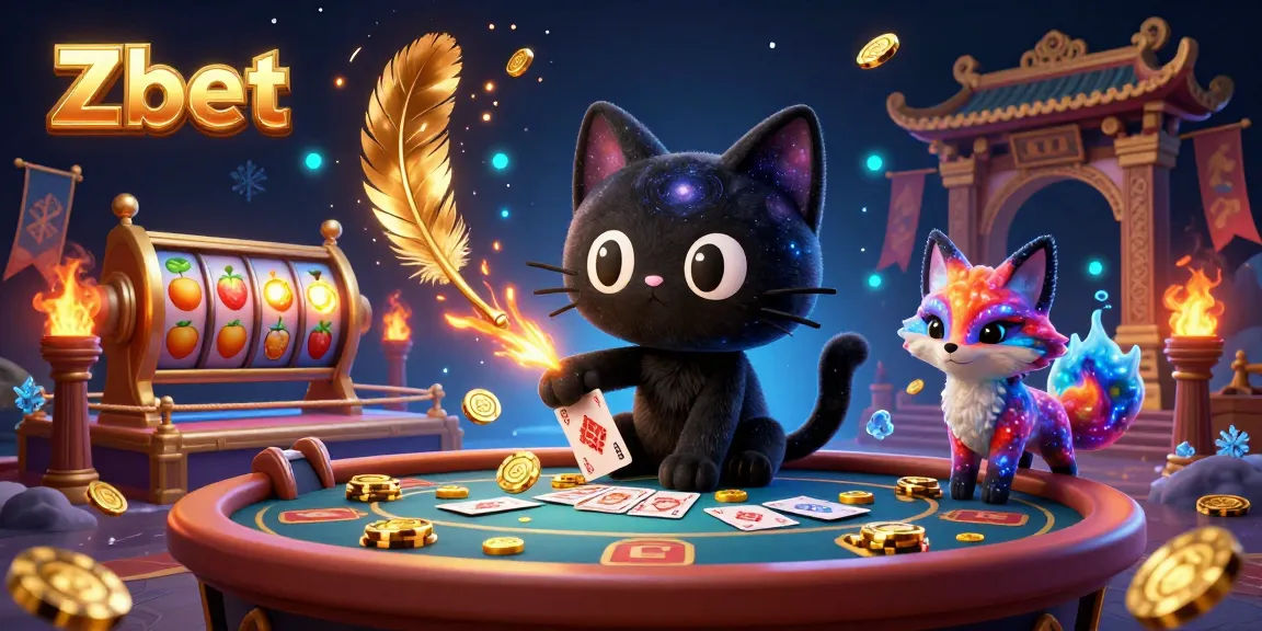 Zbet cosmic casino scene featuring a black hole cat and colorful gas fox with dynamic gaming elements.