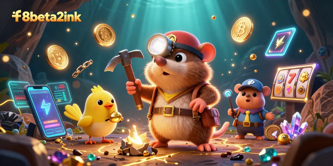 Engage with f8beta2ink's dynamic 3D treasure-themed casino experience amidst glowing crypto elements.