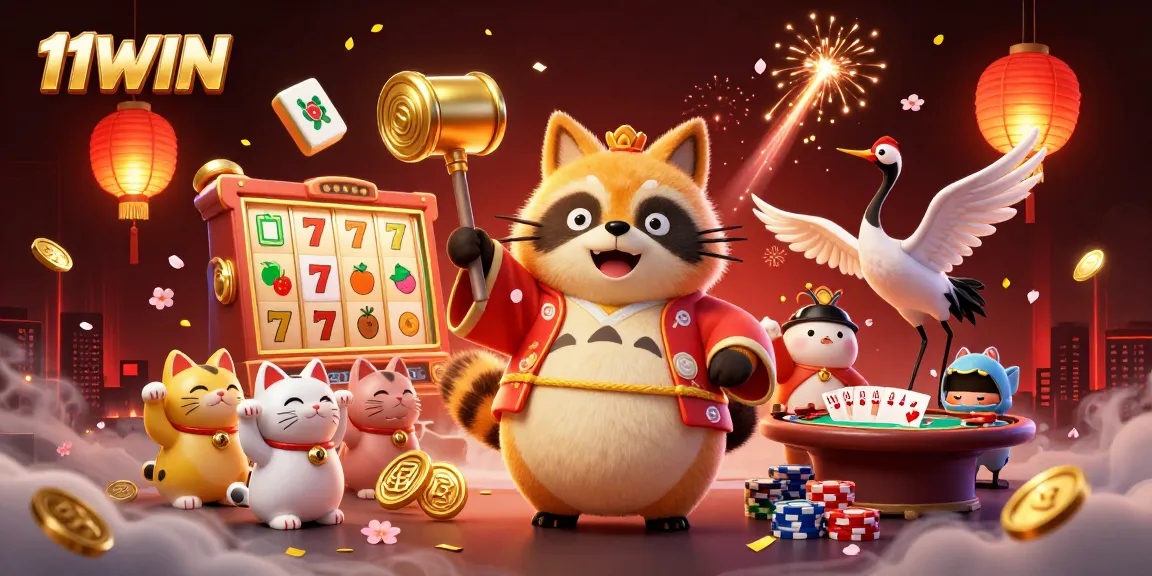 Experience the excitement of 11WIN with a lively 3D casino illustration featuring tanuki and lucky symbols.