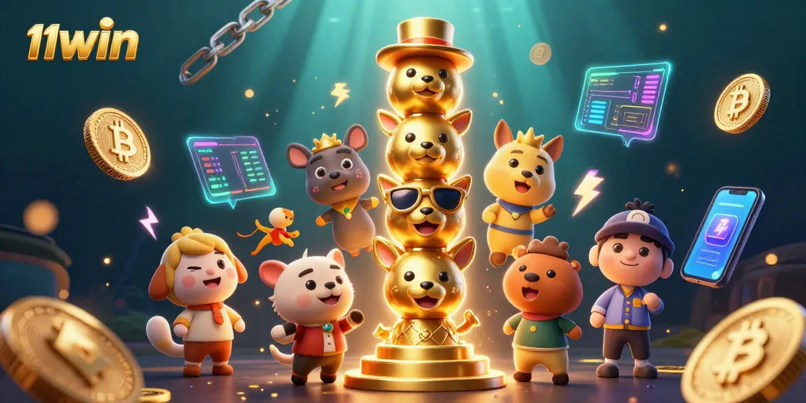 Experience the thrill of 11WIN with vibrant 3D cartoon totem and crypto elements.